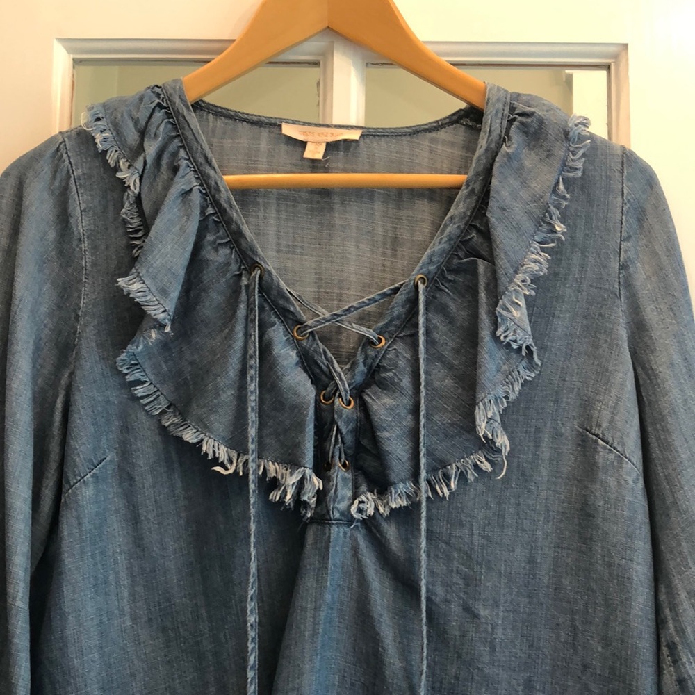 Denim  BOHO Peasant Shirt with Lace-Up Front and Fringe Cowgirl Rustic